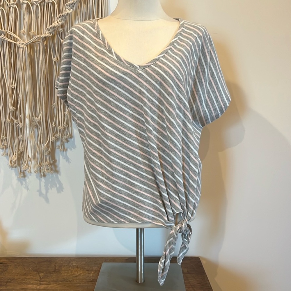 Michael Stars Striped SS Tee Gray Pink White Side Tie Small XLNT condition